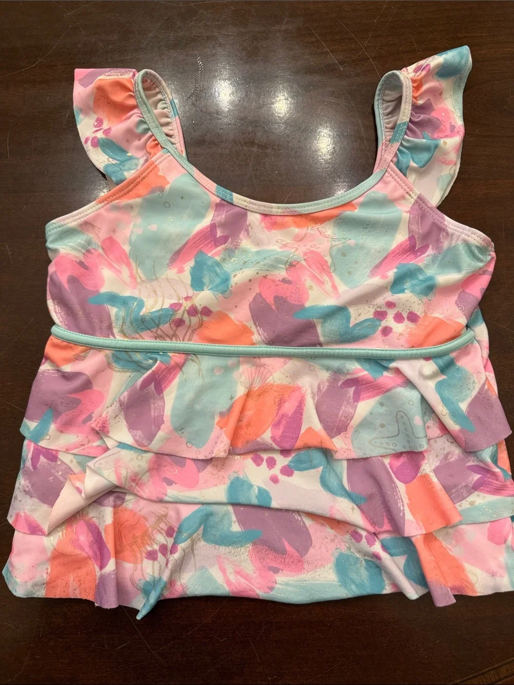 Justice Mint & Pastel Multi Ruffle Tankini with Printed Swim Shorts